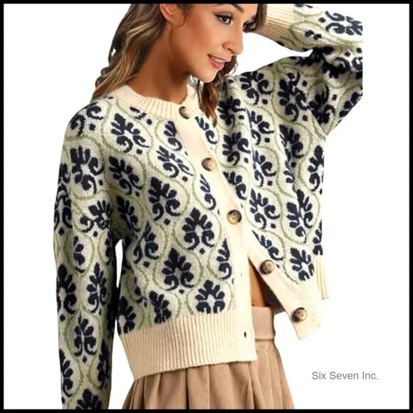 Vintage Floral Cardigan Open Front Chunky Knit Sweater Y2K Retro Chic Outerwear - Picture 6 of 7